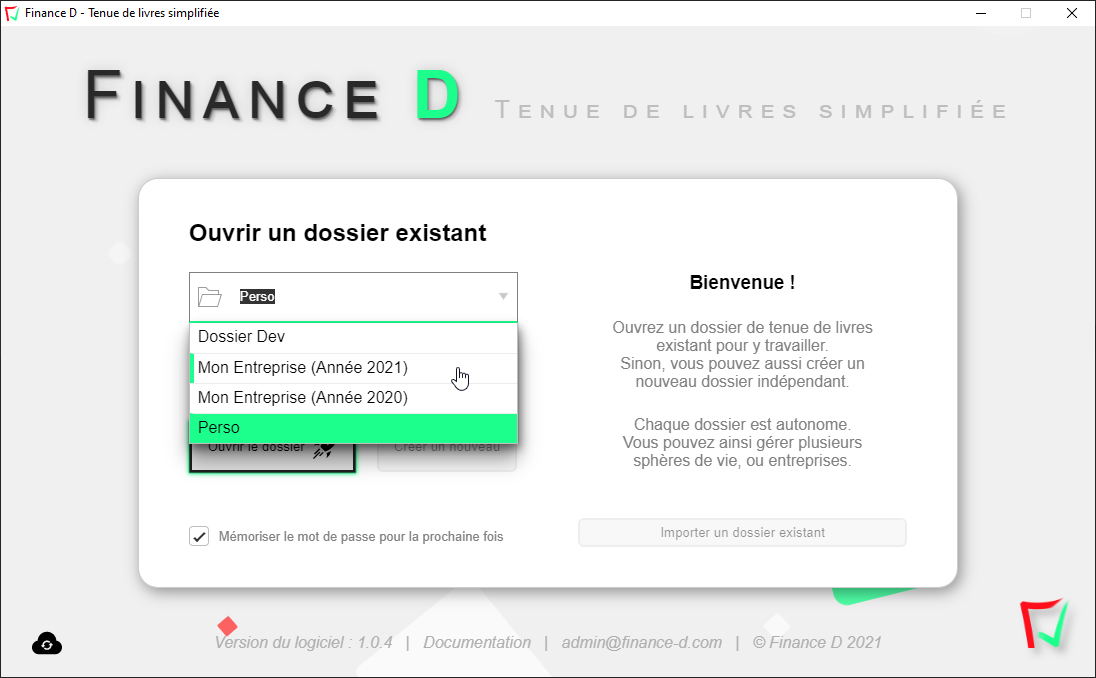 Capture d'écran qui montre comment gérer plusieurs dossiers de tenue de livres indépendants dans le logiciel Finance D.