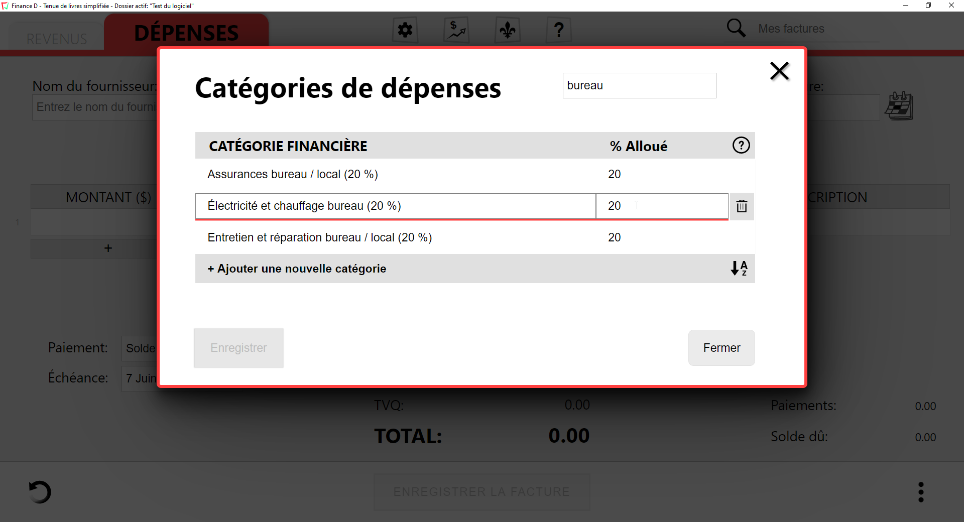 Capture d'écran des pourcentages alloués pour les catégories de dépenses dans le logiciel Finance D.