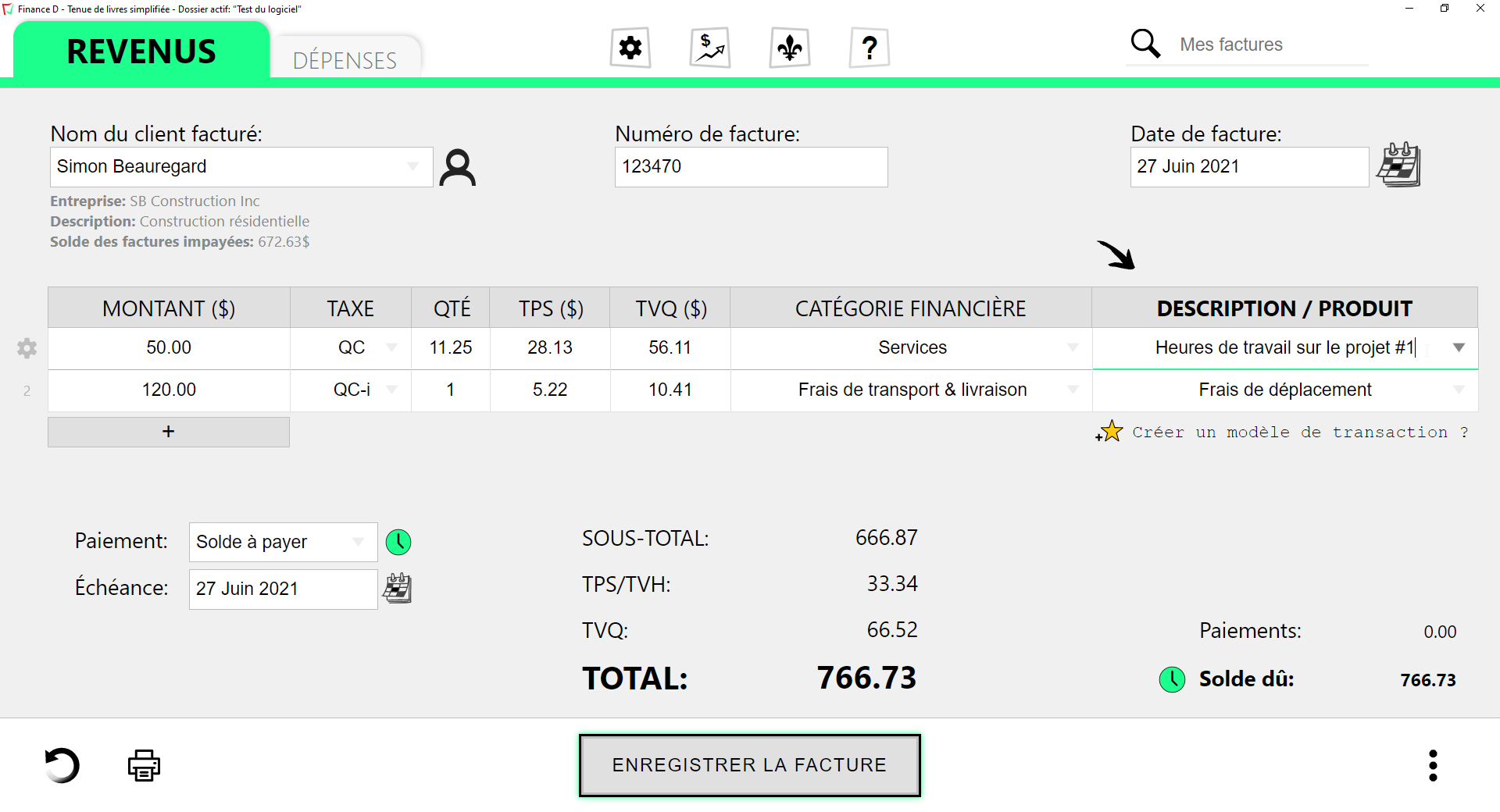 Capture d'écran d'une facture de revenus dans le logiciel Finance D.